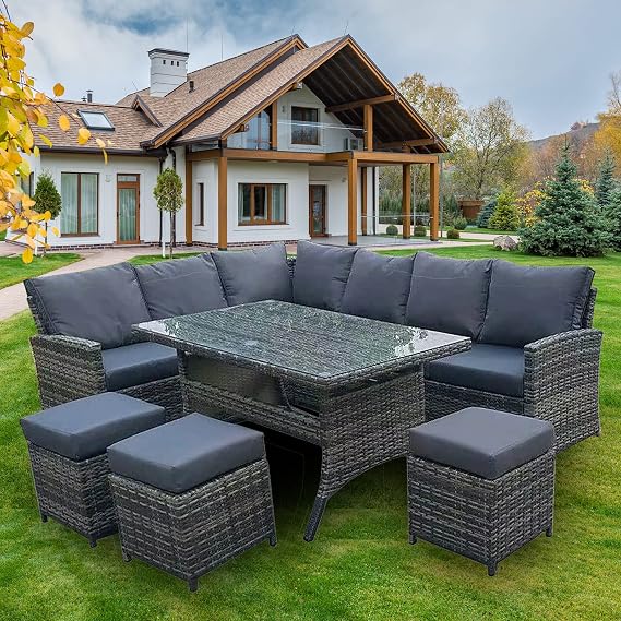 Rattan Corner Sofa Set, 9 Seater, L-Shape, Outdoor Garden Furniture with Glass Top Dining Table, Stool, Fully Assembled - Grey