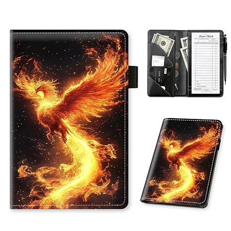 Server Books for Waitress Waiter, PU Leather Waitstaff Organizer with Zipper Pocket, Money Pocket, Guest Check Book Holder, Restaurant Serving Book,Fiery Phoenix Art