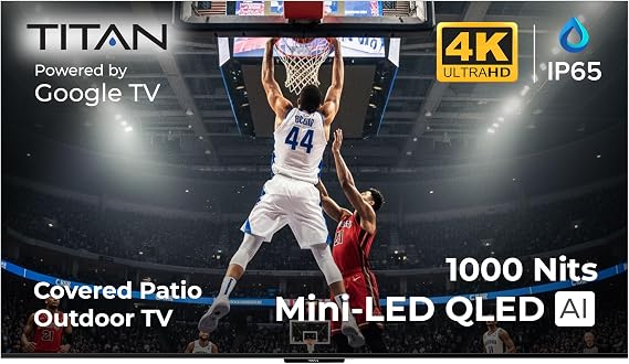 Titan G100 Mini 43 Inch Covered Patio Outdoor TV 4K UHD QLED IP65 - Google OS, Dolby Vision & Atmos, Onkyo Speakers - Thin Bezel - Weather Resistant - & USA Assembled
