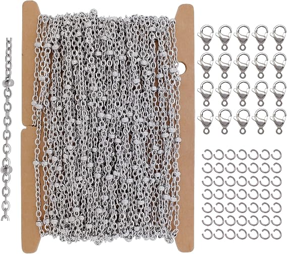 THREENEST 32-Feet 2mm Stainless Steel Satellite Chains Kit, with 20 Lobster Clasps+50 Jump Rings, Cable Chain for Necklace Bracelet DIY Craft Jewelry Making(2005-B)