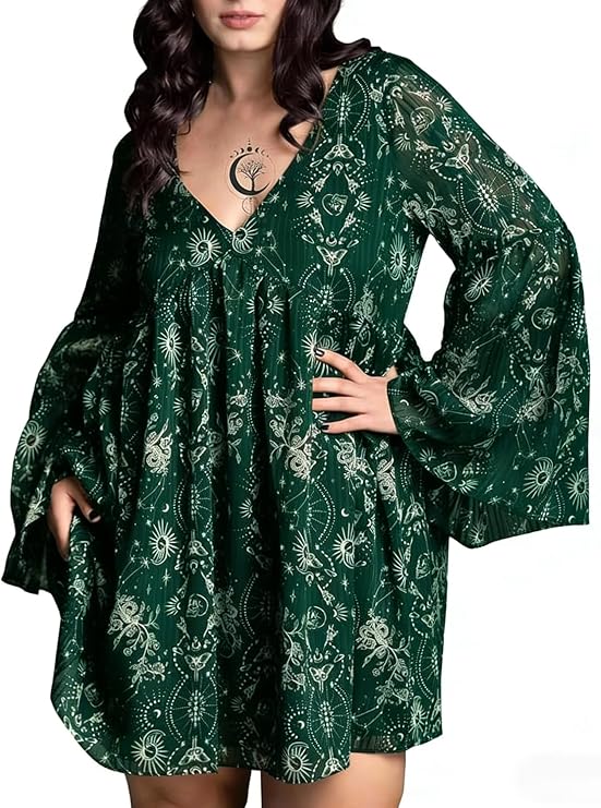 Womens Plus Size Black Celestial Moon Gothic V-Neck Long Puff Sleeves Mini Dress