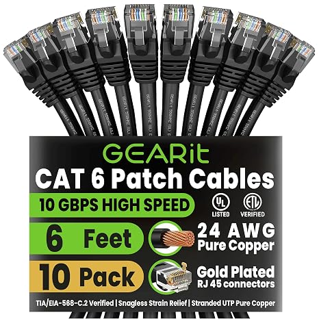 GEARit Cat6 Patch Cables Cat 6 Ethernet Cable 6 ft 10-Pack Black