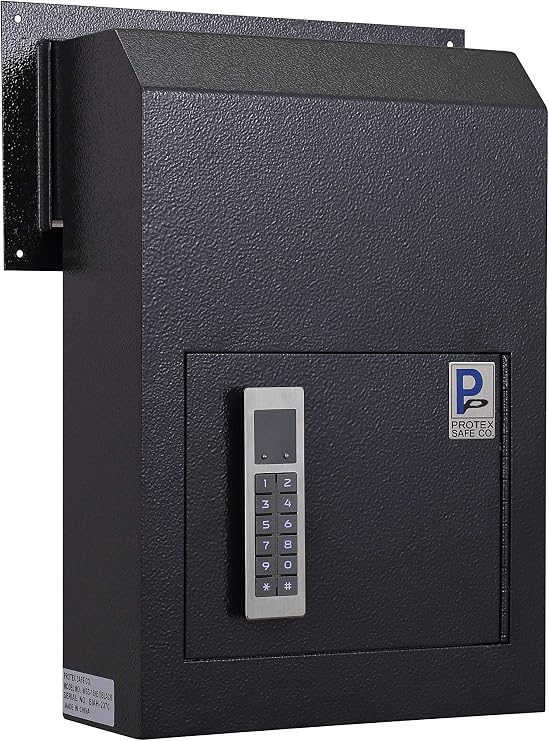 Protex Through Door Drop Box (WSS-159E II)-Black, for keys, car remotes, cash, checks and envelopes, electronic lock, Metal baffle, Pre-drilled mounting holes,double steel door, adjustable metal frame