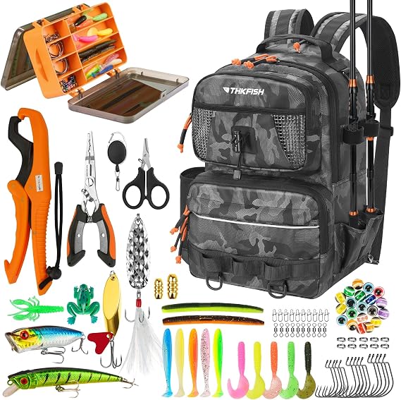 THKFISH 20L Waterproof Fishing Backpack with Tackle Boxes, Lures, Plier Kit | Fishing Sling Tackle Bag with Rod Holder Waterproof Fishing Bag with Fishing Lures Kit,Fishing Gear, Gifts for Men Women