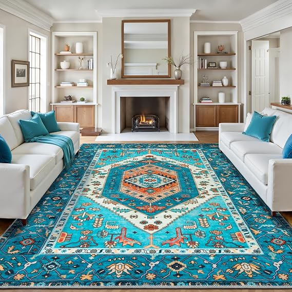 SERISSA 9x12 Washable Non Slip Boho Area Rug for Living Room,Blue
