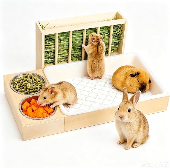 3-in-1 Wooden Rabbit Hay Feeder with Litter Box for Rabbits & Small Pets