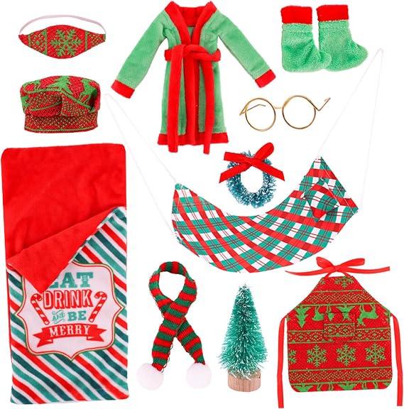 Christmas Elf Kit Cute Mini Elf Accessories with Sleeping Bag, Bathrobe, Hat, Glasses, Eyepatch, Shawl, Hammock Doll Accessories