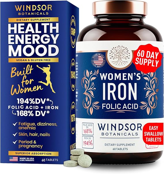 Iron and Folic Acid Supplements for Women - 35mg Gentle Iron Vitamin, Folic Acid 400mcg - Anemia, Period, Pregnancy Support Supplement, Ferrous Sulfate Pills - 60 Vegan Non-Constipating Tablets