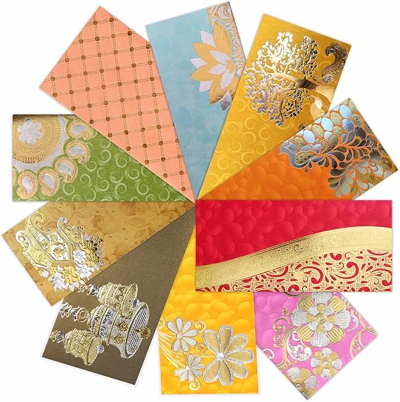 PARTH IMPEX Shagun Gift Envelope (Pack of 10) Assorted Color Designs | Money Holder Fancy Packet for Christmas Diwali Easter Birthday Wedding Anniversary Designer Invitation Envelopes