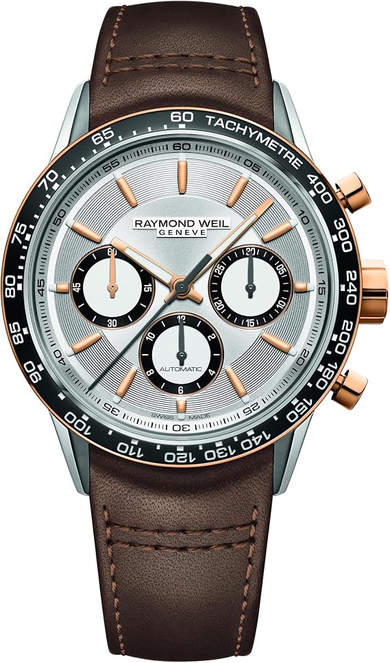 RAYMOND WEIL Freelancer Men's Automatic Watch, Chronograph, Black Ceramic Bezel, Silver Dial, Stainless Steel with Rose Gold PVD Plating, Genuine Brown Leather Strap, 43.5mm(Model:7741-S51-65021)