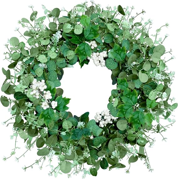 Qingbei Rina Spring Wreaths for Front Door 22 Inch, Eucalyptus Door Wreath with White Berry, Maple Leaf, Green Leaf Wreaths Indoor Outdoor, Farmhouse All Seasons Porch Home Decor