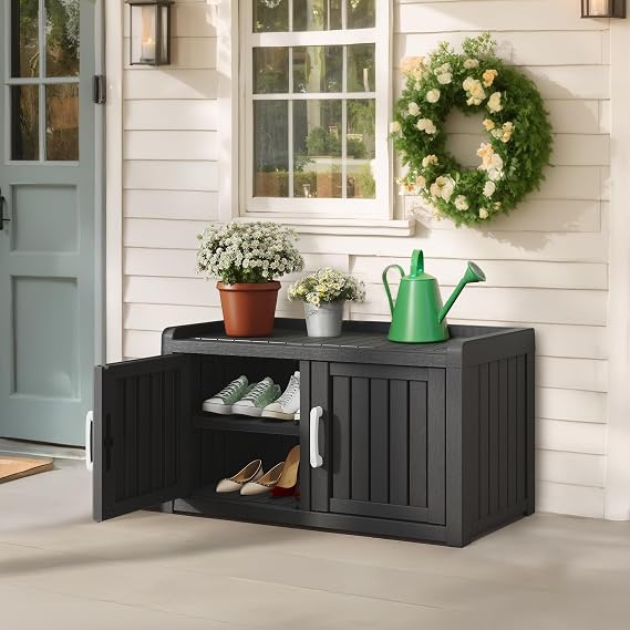 KAMABOKO 2-Tier Shoe Storage Bench with 2 Barn Doors & Adjustable Shelf, for Indoor Outdoor Use, Waterproof Shoe Cabinet Organizer for Entryway, Living Room, Bedroom (Black, 31.7IN)