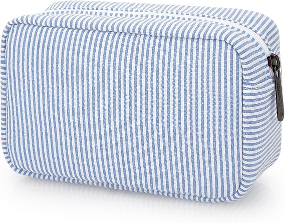 E-Tree Cute Makeup Bag,Zipper Make up Pouch for Purse,Toiletry Skincare Cosmetic Brush Case for Women Man,Personal Items Storage Organizer,Travel Size Essentials Accessories (Blue Stripe)