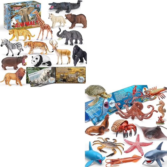 12 Pack Ocean Animal Toy & 13 Pack Wild Animal Toys with Educational Booklet for Kids, Realistic Soft Plastic Creatures Model Figures for Toddler Boys Girls, Under the Sea Party Favor, Jungle Birthda
