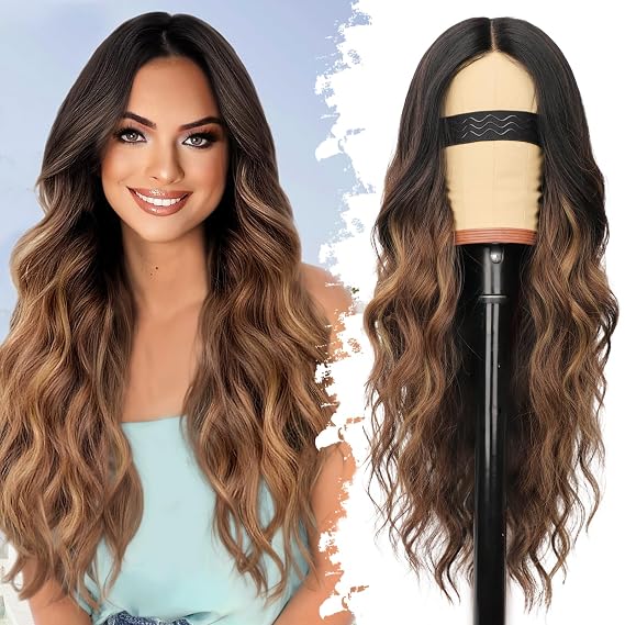 Eawwii Brown Highlights Wigs for Women, 26 Inch 4x1 Lace Glueless Wavy Wig | 4x1 Middle Part Lace, Natural Hairline, Glueless Design, Beginner Friendly, Soft Wavy for Daily.