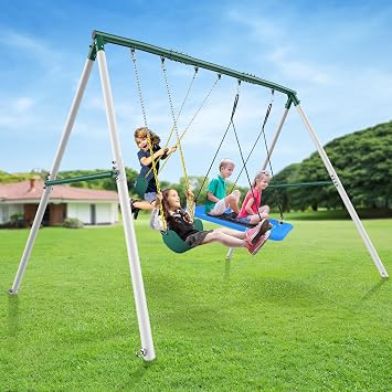 Hapfan 7.3ft Tall Heavy Duty Swing Set, 3 Swings Metal Swing Sets for Backyard, Big Kids Playset for Playground Outdoor (Patented)