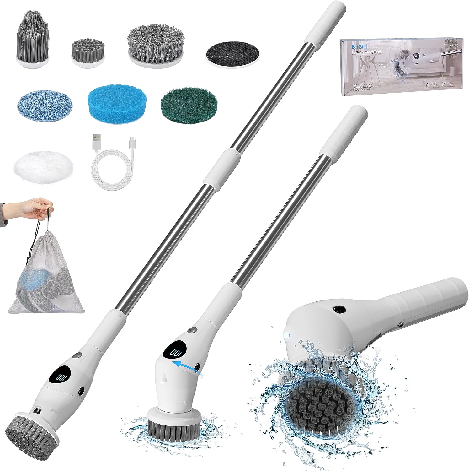 Electric Spin Scrubber, RealPlus 2023 New Cordless Cleaning Brush with 7 Replaceable Brush Heads, 3 Speeds and Adjustable Extension Handle, Power Brush for Bathroom Tub, Floor, Tile, Kitchen, Car Wash