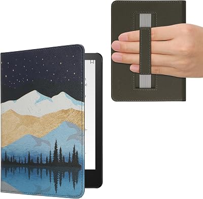 kwmobile Case for Kindle Paperwhite 11 Gen 2021 - PU Cover wStrap - Starry Night Lake WhiteLight BrownDark Blue