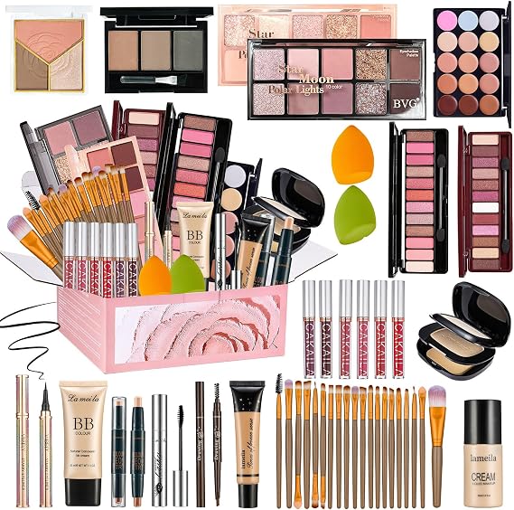 All in One Makeup Set for Women Full Kit, Make Up Gift Set, Makeup Essential Bundle Includes Foundation Eyeshadow Palette Concealer Lipstick Eyeliner Mascara Cosmetic Brush Set For Women Girls Teens