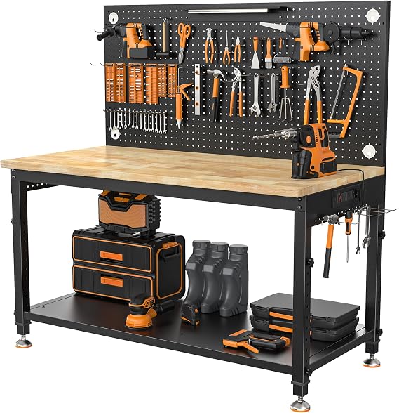 CAMMOO 48x24 Inch Garage Work Bench with Storage, Pegboard & Power Strip