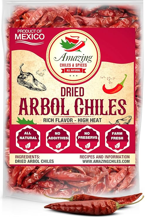 Chile De Arbol 4oz - Dried Whole Red Chili Peppers, Premium All Natural Stemless, Resealable Bag. Use in Mexican, Chinese and Thai Dishes. Spicy Hot Heat Full of Flavor | Very spicy with smoky notes. Use in salsa roja, chili oil, soups & Asian stir fry. Stemless, all natural. Resealable bag.