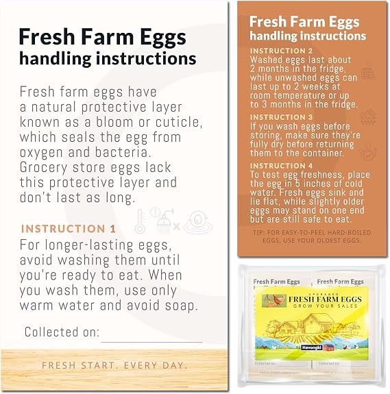 200 Pack Premium Fresh Farm Eggs Handling Instructions Care Accessories Cards Labels | Egg Blank Cartons 4 6 12 15 18 30 48 50 Count Basket Box Container Storing Extra Organizer -M15CV200