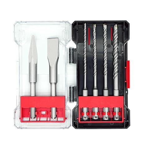6Pcs SDS Plus Rotary Hammer Drill Bit Set,Concrete Drill Bit Kit with Point Chisel,Flat Chisel,Cross Type Double Thread Carbide Material for Concrete,Stone,Brick,5/32 3/16 1/4 3/8"