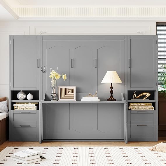 Murphy Bed Wall Bed with Closet, Drawers and Shelves, Versatile Wall Bed, Foldable Murphy Bed, Queen Size, Gray