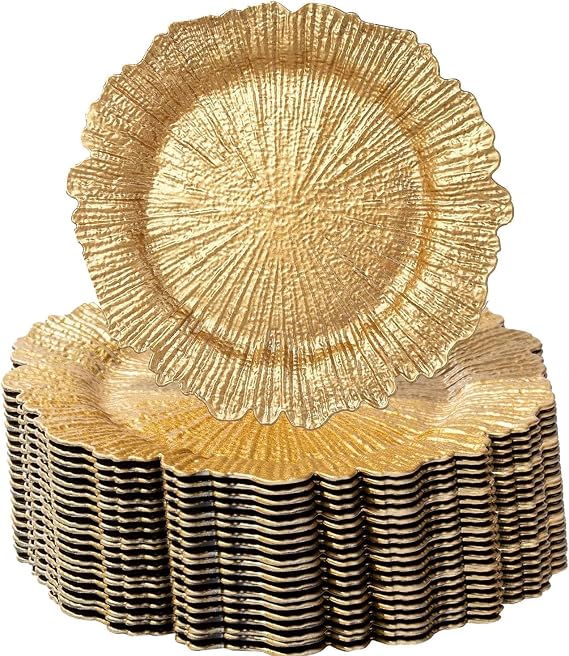 MDH 50 Pcs Gold Charger Plate 13 in Round Matte Reef Plate Charger Ruffled Rim Dinner Charger Hollow out Flower Holde (50)