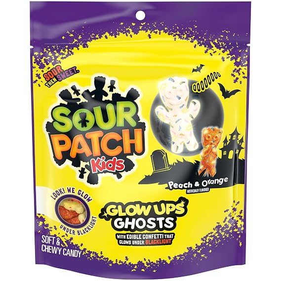 SOUR PATCH KIDS Glow Ups Ghosts Soft & Chewy Gummy Halloween Candy, 8.37 oz