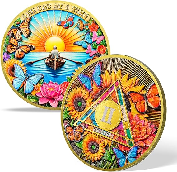 Flower Butterfly and Rising Sun Sobriety Coin | Celebrating Recovery and Personal Growth with AA Medallions | Ideal Sobriety Gift for Men and Women(2 Year)