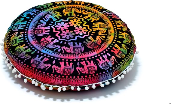 Round Mandala Floor Pillow Cover Seating Cushion Throw Case Hippie Decorative Bohemian Ottoman Pouf Cover, Pom Pom Pillow Cases,Boho Indian 22 Inches (Multi Up hathi)