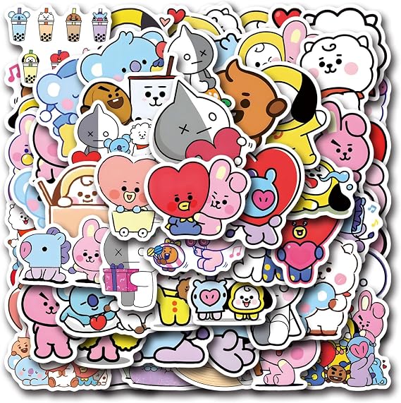 55pcs Cartoon BT21 Stickers for Water Bottle,Vinyl Waterproof BT21 Stickers for Laptop,Bumper,Skateboard,Water Bottles,Computer,Phone,Sticker for Kids Teens Adult