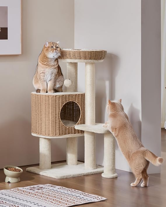 Yaheetech 36" Rattan Cat Tree with XL Condo & Perch, Sisal Posts, Beige