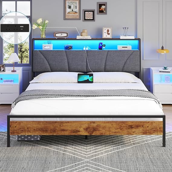 DICTAC King Size Bed Frame with Upholstered Storage Headboard, Stable and Sturdy Metal King Bed Frame with Charging Station & LED Lights, 150x200 cm Platform Bed Frame No Box Spring Needed, Noise Free