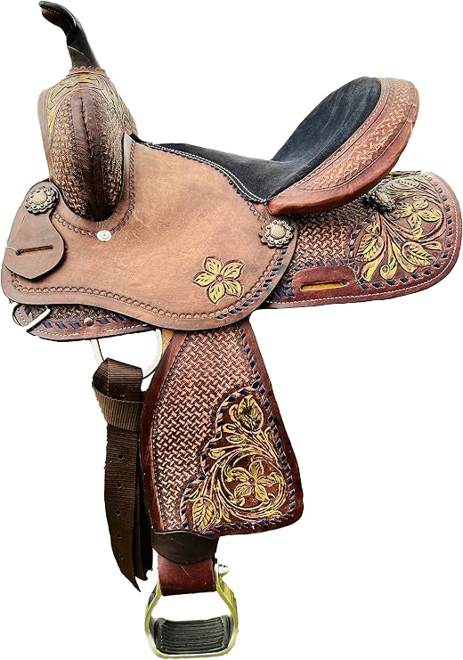 RESISTANCE Western Kids Barrel Saddle with Floral Tooled, Western Youth Child Genuine Leather Saddle