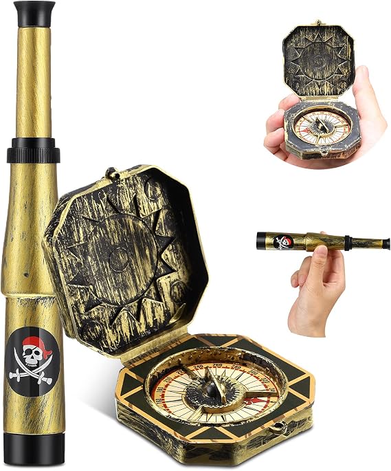 Gejoy 2 Pcs Mini Telescope and Compass Pirate Accessories Set for Kids