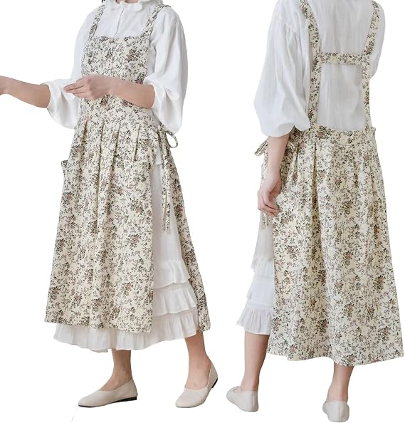 Japanese Cotton Cross Back Pinafore Apron Dress for Women,Pinafore Apron | Apron Dress for Women,Floral Print Pinafore Dress with Pockets, Adjustable Waist Ties for Cooking Baking Gardening Cafe