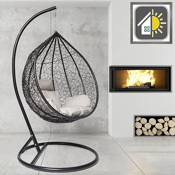 Premium Hanging Egg Chair Outdoor Garden Swing Chair Hammock Chair with Cushions - RAIN COVER INCLUDED (Large, Black - Black - Grey)