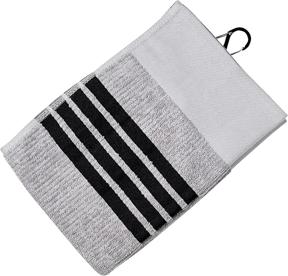 Tour Towel Terry Cloth Golf Towel (15.5" x 23") with Premium Carabiner Golf Bag Clip | Super Absorbent, Golf Ball Cleaning Towel for Clubs, Multiple Color Options (Grey w/Black Stripes)