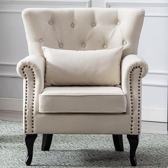 Mid Century Modern Accent Chair Upholstered Armchair Comfy Linen Fabric Single Sofa with Tufted Wingback for Small Spaces Bedroom Living Room, Beige