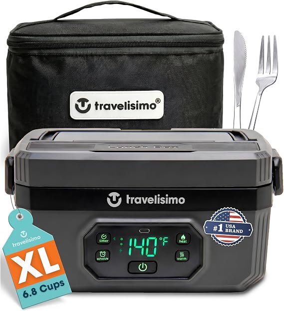 TRAVELISIMO Heated Lunch Box Cordless XL 6.8 Cups Electric Lunch Box Battery Powered, Portable Food Warmer for Travel & Work, Rechargeable Lonchera Electrica Portatil Para Calentar Almuerzo