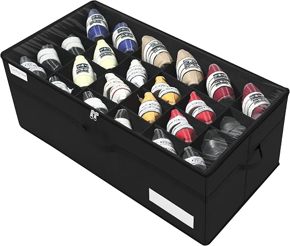 LUVHOMEE Shoe Organiser for Closet, Fits 24 Pairs, Large Shoe Box Storage Containers, Clear Foldable Shoe Storage Bins w/Bottom Support, Space Saving Shoes Holder w/Reinforced Handles, Black