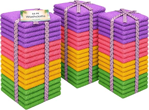 100% Cotton Wash Cloths, 66 Pack, 12x12 Inch, Pastel Mix | Premium Ring Spun Fingertip Towels, Assorted, Multipurpose for Face, Kitchen, Bathroom, Gym, Cleaning, Hotel & Spa