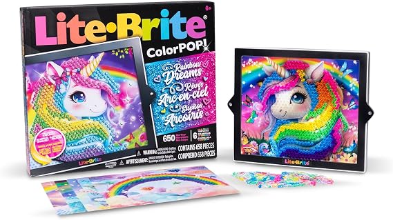 Lite Brite Basic Fun Colour Pop Rainbow Dreams – Light-Up Creative Toy with 6 Templates, 650 Colourful Pegs & 4 Light Modes – Unicorn & Fairy-Themed HD Grid Art Set