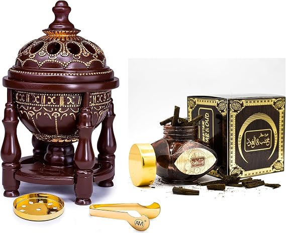 AM Charcoal Incense Burner & ARABIYAT Oud Wood Incense Charcoal Chips Bundle Elegant Bakhoor Burner with Aromatic Oud Muattar for Home, Office, Meditation & Relaxation
