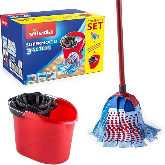 Vileda SuperMocio 3Action XL Mop &amp; Bucket Set | Deep‑Cleaning Power Zones Remove Stubborn Dirt | 3‑in‑1 XL Mop Head with Advanced Microfibre Technology | Includes Torsion Wringer for Faster Drying