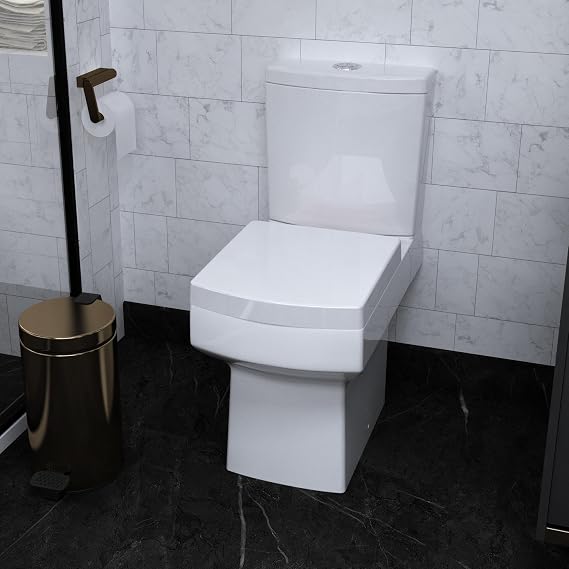 Modern Bathroom Square Close Coupled Toilet WC Pan Dual Flush Cistern Soft Close Seat White Ceramic