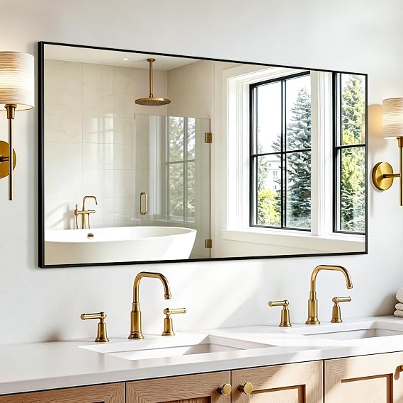 Rectangular Bathroom Mirror, 60"x30" Black Metal Framed Vanity Mirror