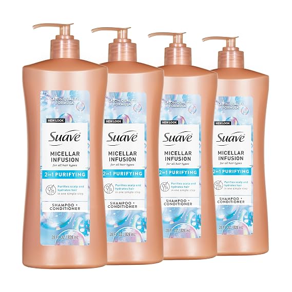 Suave Micellar Infusion 2-in-1 Purifying Shampoo + Conditioner, Gently Cleanses & Conditions for Manageable Hair, Daily Use for All Hair Types, 28 FL OZ Pump, 4 Count